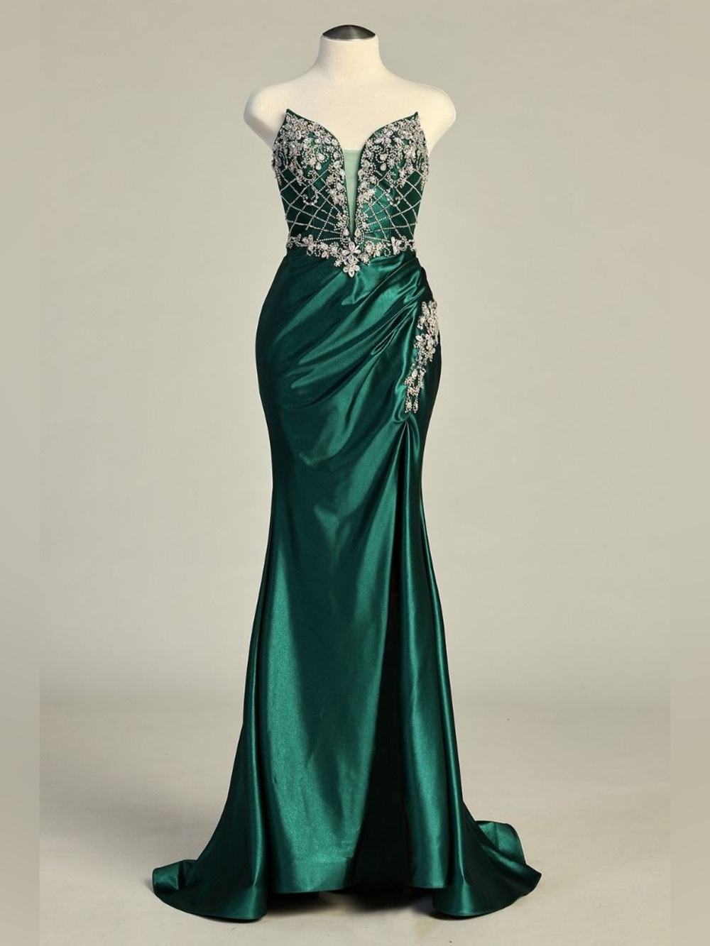 Elegant Emerald Beaded Strapless Evening Gown